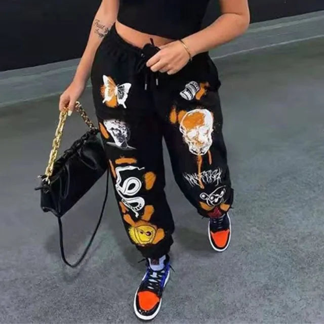 Cartoon Printed High-Waisted Sweat Pants