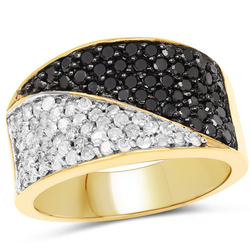 14K Yellow Gold Plated Black & White Diamond Cluster Ring