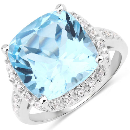 Anillo de Compromiso de Topacio Azul de 7.18 Quilates y Topacio Blanco en Plata Esterlina