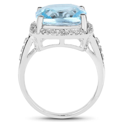 Anillo de Compromiso de Topacio Azul de 7.18 Quilates y Topacio Blanco en Plata Esterlina
