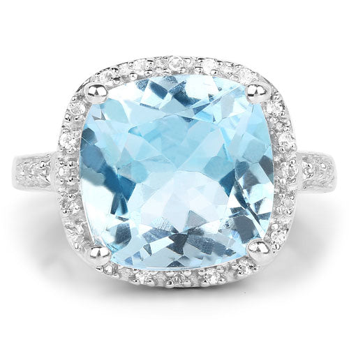 Anillo de Compromiso de Topacio Azul de 7.18 Quilates y Topacio Blanco en Plata Esterlina