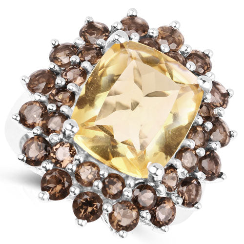 8.95 Carat Citrine & Smoky Quartz Sterling Silver Ring