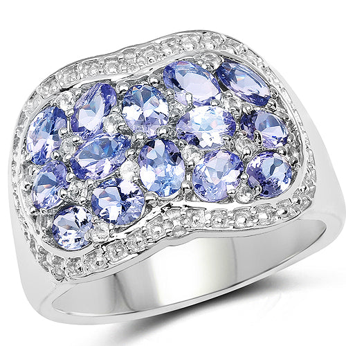 Bague en argent sterling avec tanzanite véritable de 2,62 carats et topaze blanche