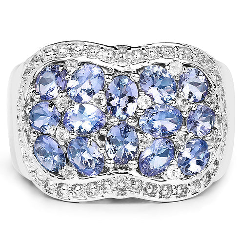 Bague en argent sterling avec tanzanite véritable de 2,62 carats et topaze blanche