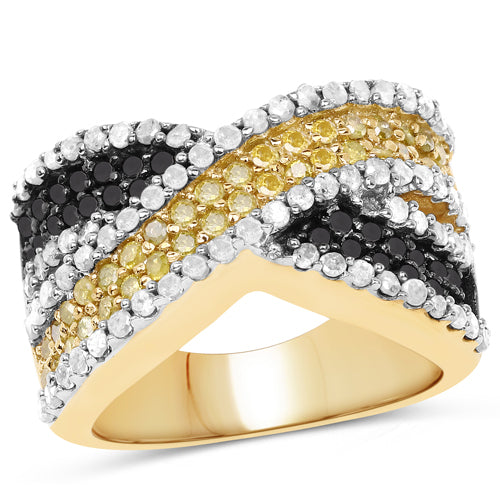 Bague en Diamant Noir, Blanc et Jaune Plaquée Or Jaune 14K