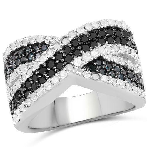 1.57 Carat Genuine Blue, White & Black Diamond Sterling Silver Ring