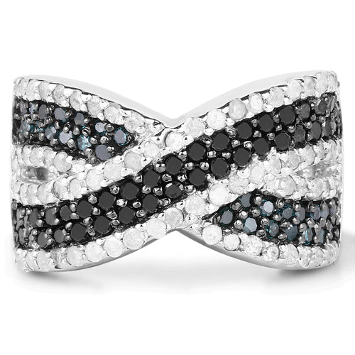 1.57 Carat Genuine Blue, White & Black Diamond Sterling Silver Ring