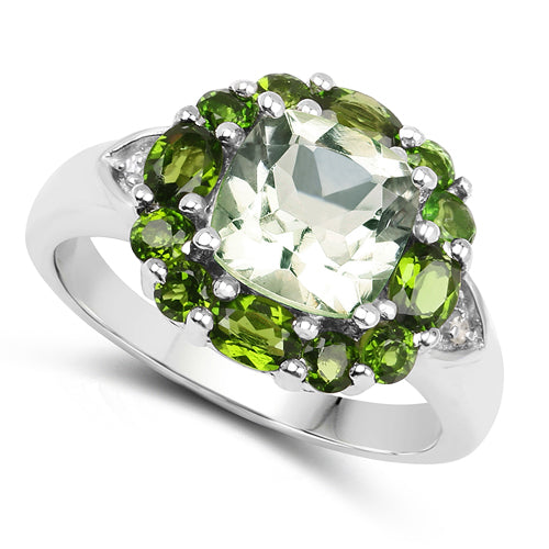 Anillo de Plata de Ley con Amatista Verde de 3.49 Quilates y Diopside Cromado