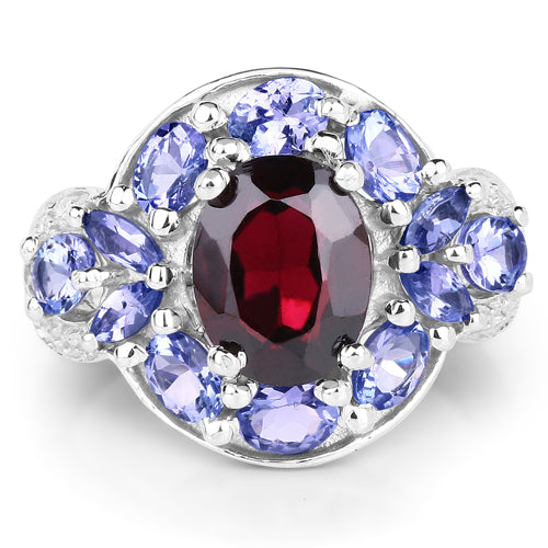 Bague en argent sterling avec grenat de 4,20 carats, tanzanite et topaze blanche