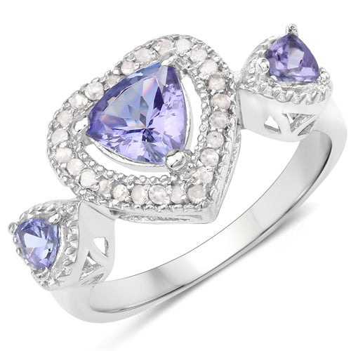 Bague en argent sterling avec tanzanite véritable de 1,09 carat et diamants blancs