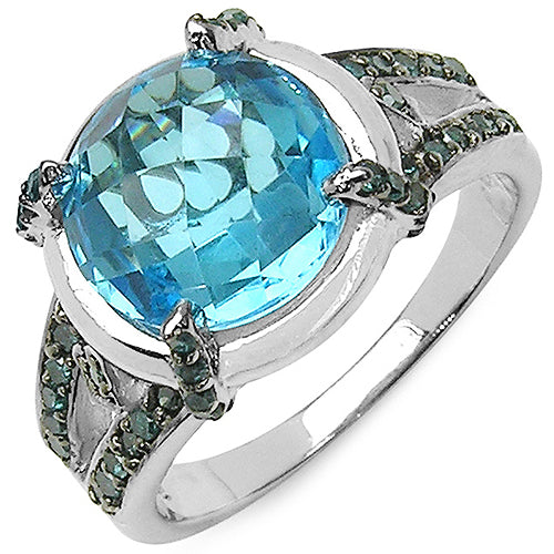 Bague en argent sterling avec topaze bleue suisse de 5,43 carats et diamants bleus