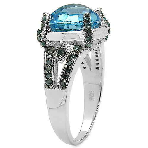 Bague en argent sterling avec topaze bleue suisse de 5,43 carats et diamants bleus