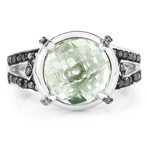 Bague en argent sterling avec améthyste verte de 4,06 carats et diamants