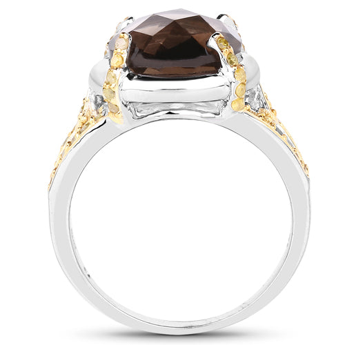 3.28 Carat Smoky Quartz & Yellow Diamond Sterling Silver Ring
