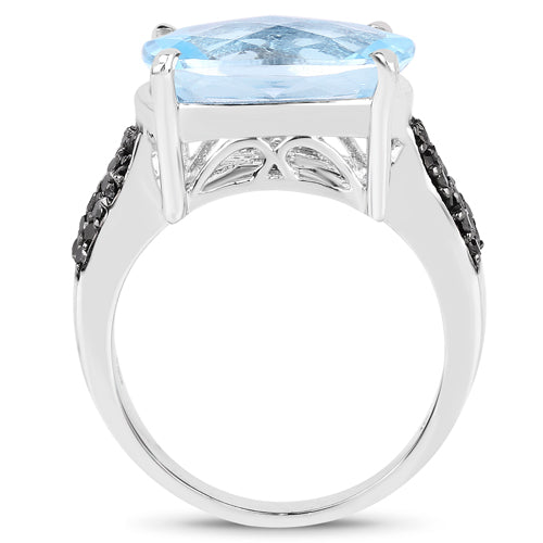 Anillo de plata esterlina con topacio azul suizo de 3.96 quilates y diamantes negros