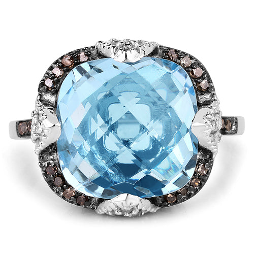 Anillo de plata esterlina con topacio azul suizo y diamantes de 8.29 quilates