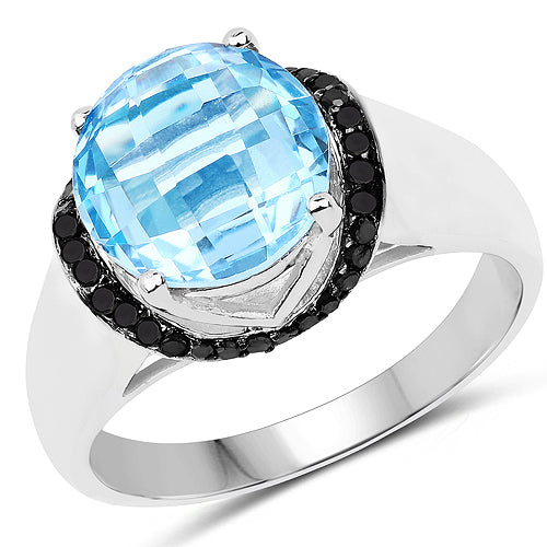 Bague en argent sterling avec topaze bleue suisse de 4,94 carats et diamants noirs