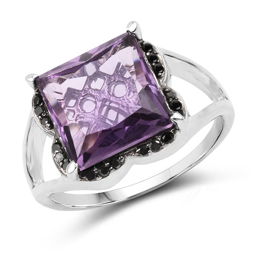 Bague en argent sterling avec améthyste de 4,58 carats et diamants noirs