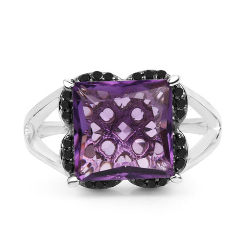 Bague en argent sterling avec améthyste de 4,58 carats et diamants noirs