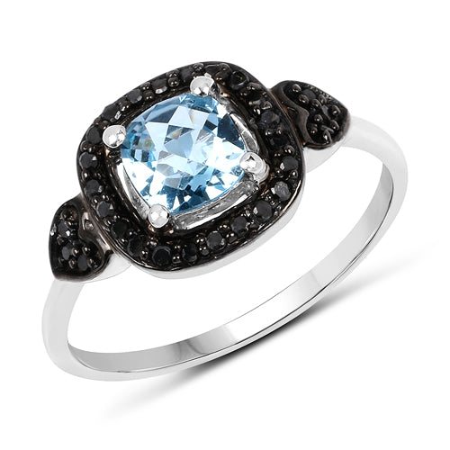 1.19 Carat Swiss Blue Topaz & Black Diamond Sterling Silver Ring