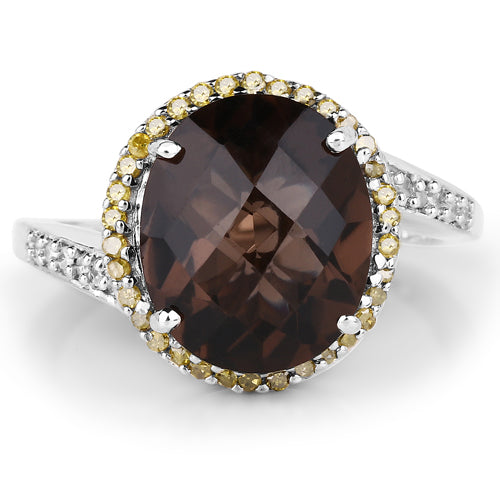 4.85 Carat Smoky Quartz & Diamond .925 Sterling Silver Ring