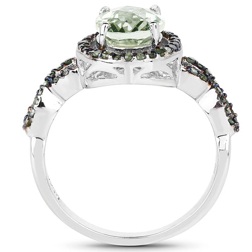 2.09 Carat Green Amethyst & Green Diamond Sterling Silver Ring