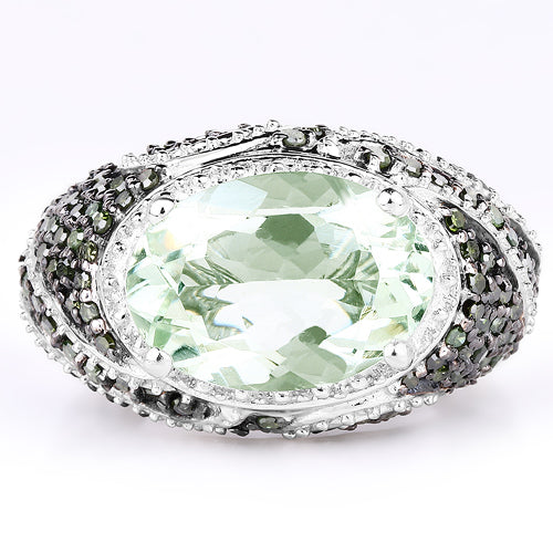 Anillo de Plata Esterlina con Amatista Verde y Diamantes de 5.98 Quilates