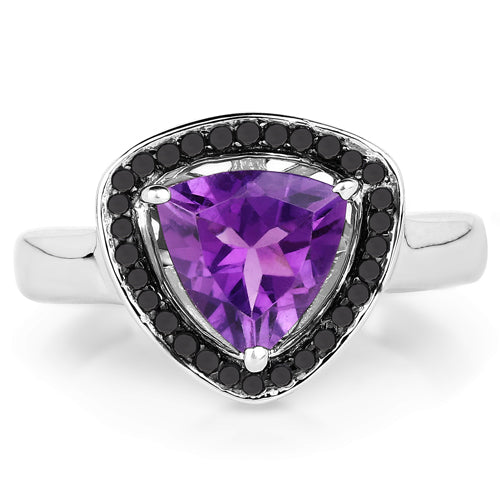 Bague en argent sterling avec améthyste de 1,56 carat et diamants noirs