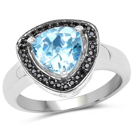 Bague en argent sterling avec topaze bleue suisse de 2,06 carats et diamants noirs