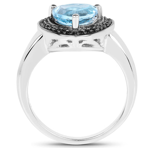 Bague en argent sterling avec topaze bleue suisse de 2,06 carats et diamants noirs