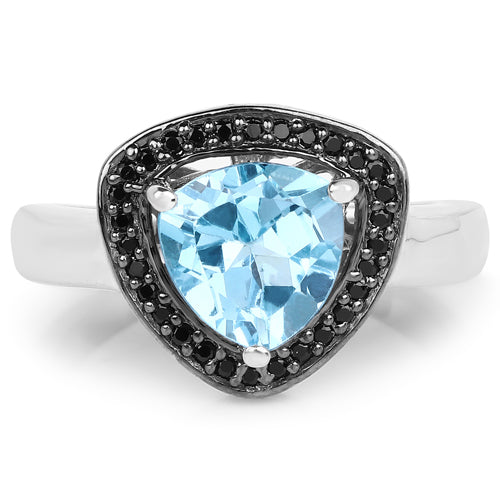 Bague en argent sterling avec topaze bleue suisse de 2,06 carats et diamants noirs
