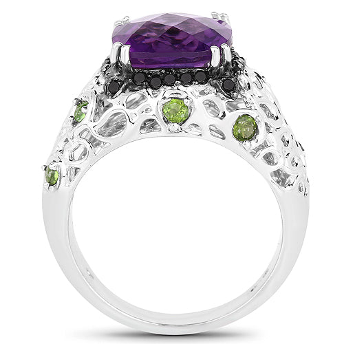 3.27 Carat Amethyst, Chrome Diopside & Black Diamond Sterling Silver Ring