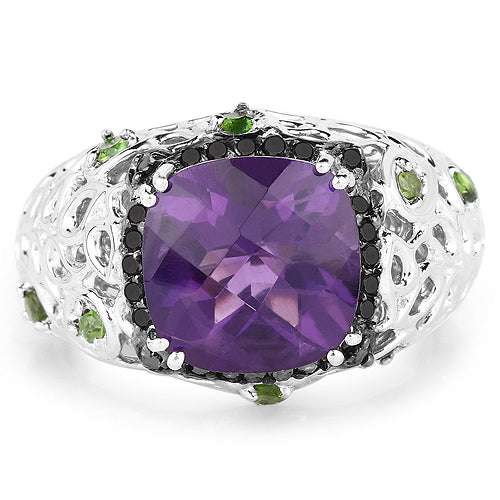 3.27 Carat Amethyst, Chrome Diopside & Black Diamond Sterling Silver Ring