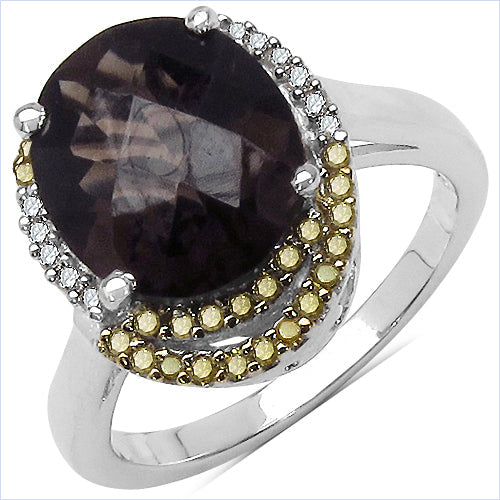 Anillo de Plata Esterlina con Cuarzo Ahumado de 4.12 Quilates y Acentos de Diamante