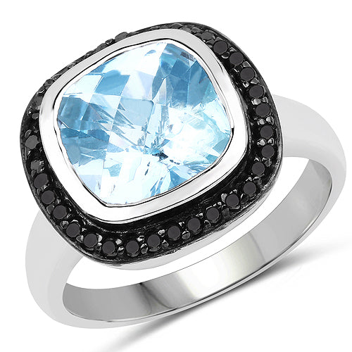 5.23 Carat Swiss Blue Topaz & Black Diamond Sterling Silver Ring