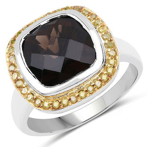 Anillo de plata esterlina con cuarzo ahumado de 3.67 quilates y diamantes amarillos