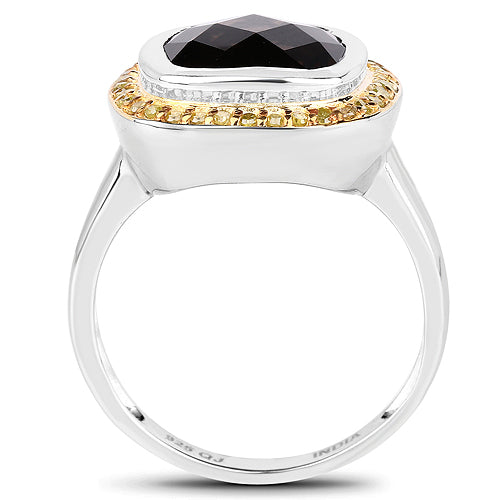 Anillo de plata esterlina con cuarzo ahumado de 3.67 quilates y diamantes amarillos