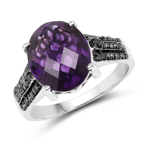 3.96 Carat Amethyst & Black Diamond Sterling Silver Ring