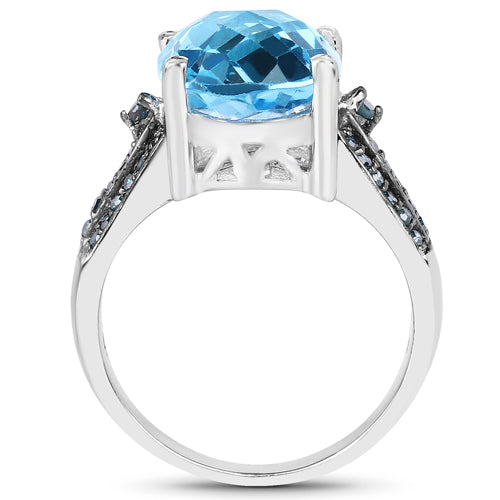 Bague en argent sterling de 5,51 carats en topaze bleue suisse et diamants bleus