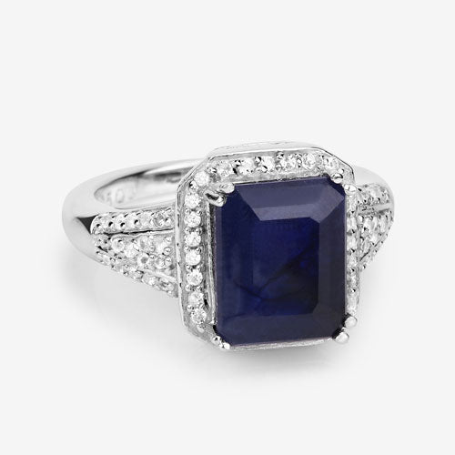 4.80 Carat Glass Filled Sapphire & White Topaz Sterling Silver Ring