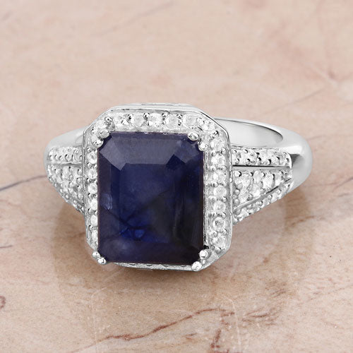 4.80 Carat Glass Filled Sapphire & White Topaz Sterling Silver Ring