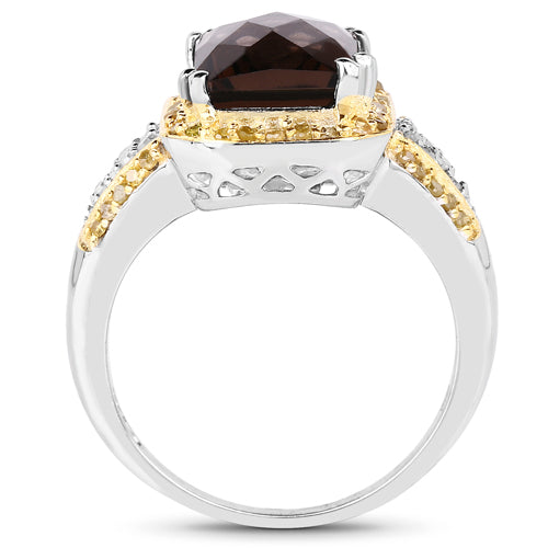 Anillo de plata esterlina con cuarzo ahumado y diamantes de 3.48 quilates