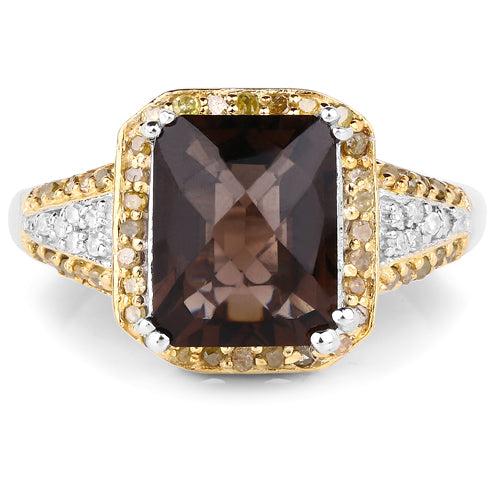 Anillo de plata esterlina con cuarzo ahumado y diamantes de 3.48 quilates