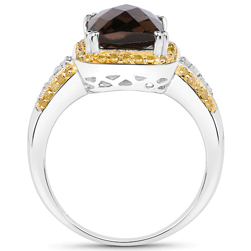 Bague cocktail en quartz fumé et diamants de 3,48 carats en argent sterling