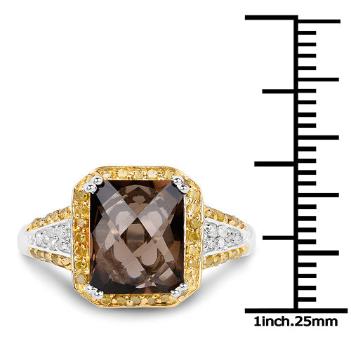 Bague cocktail en quartz fumé et diamants de 3,48 carats en argent sterling