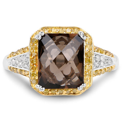 Bague cocktail en quartz fumé et diamants de 3,48 carats en argent sterling