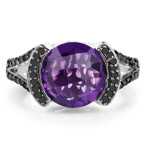 3.24 Carat Amethyst & Black Diamond Sterling Silver Ring