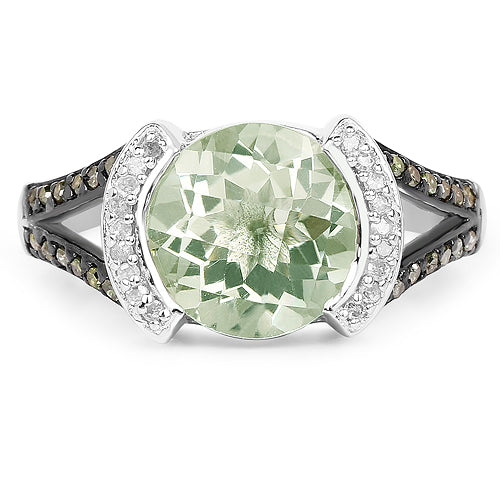 Anillo de Plata Esterlina con Amatista Verde de 3.59 Quilates y Diamantes