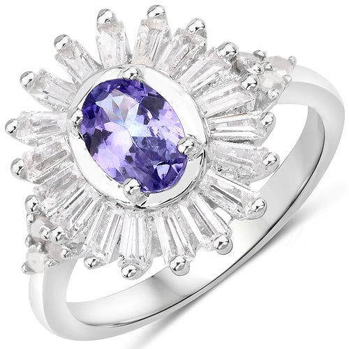 2.01 Carat Genuine Tanzanite and White Topaz Sterling Silver Ring