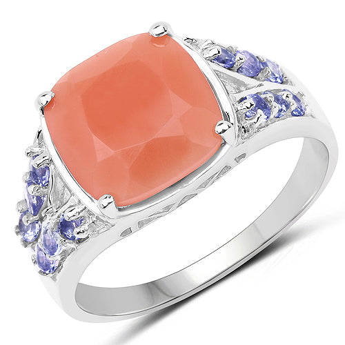 Bague en argent sterling avec pierre de lune pêche et tanzanite de 3,97 carats